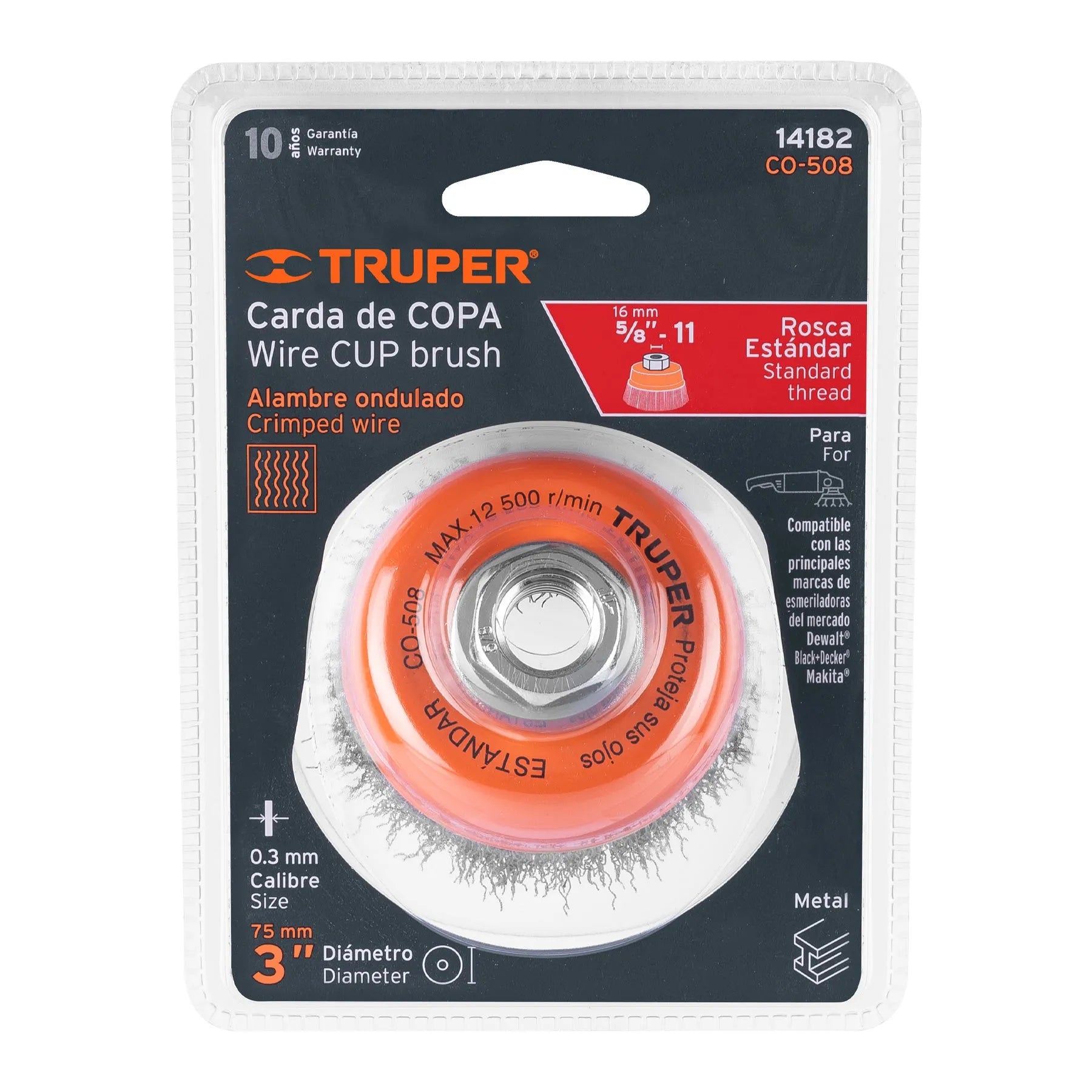 Carda copa 3" alambre ondulado fino, eje 5/8"-11 TRUPER / 14182
