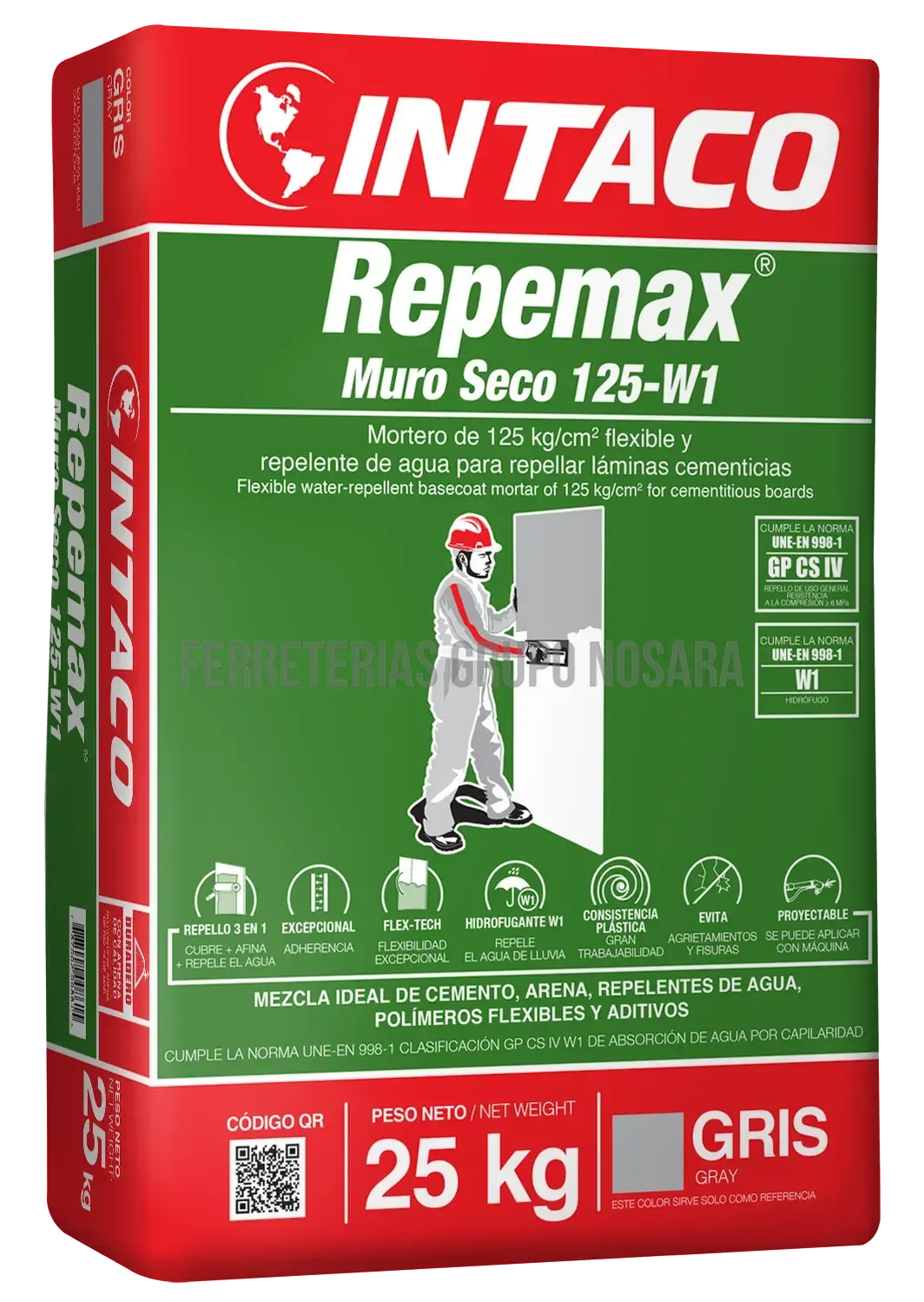 MORTERO HIDRÓFUGO REPEMAX MURO SECO 125-W1 25 kg INTACO (GRIS)-
