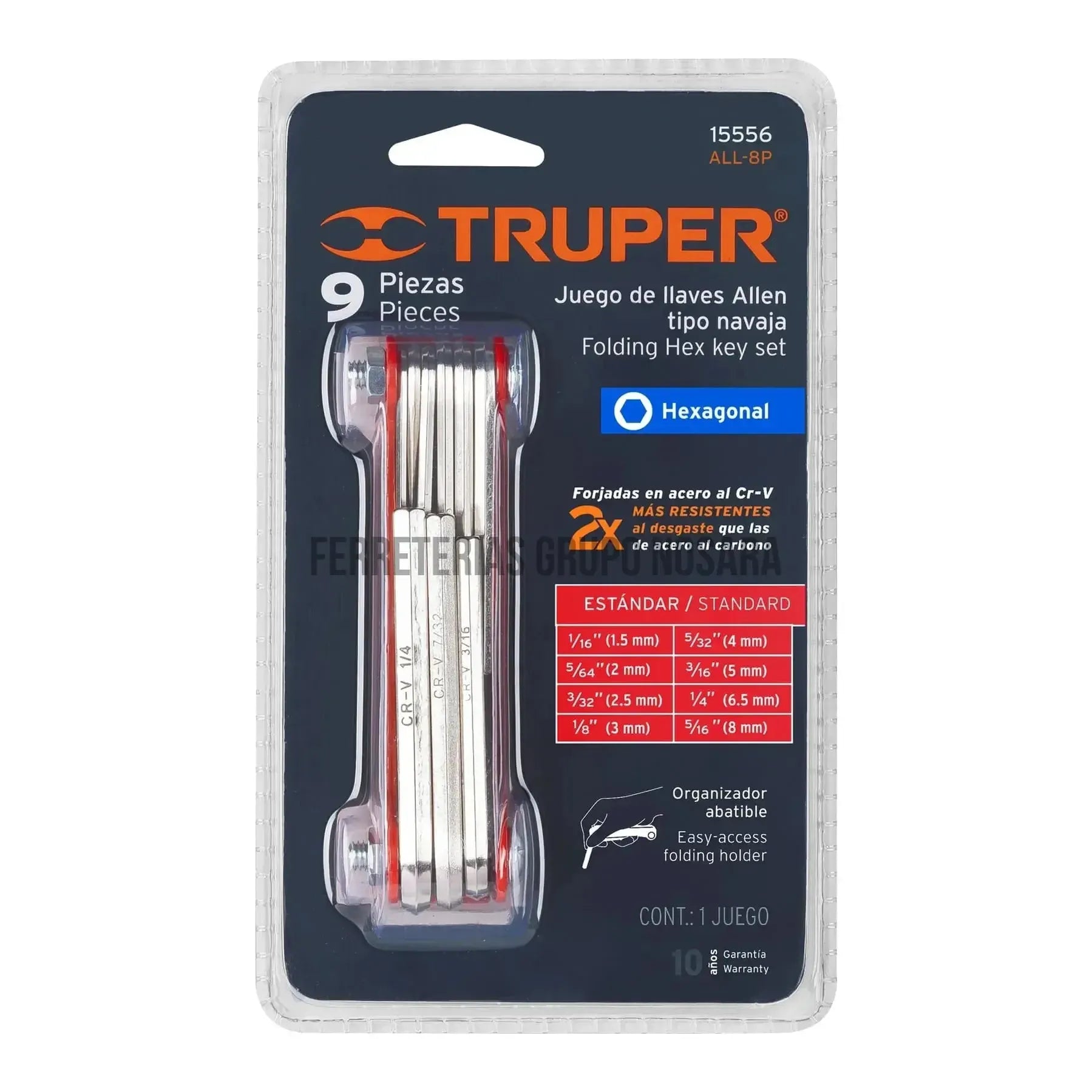 Juego de 9 llaves, truper allen std tipo navaja, cuerpo de lámina / 15566-