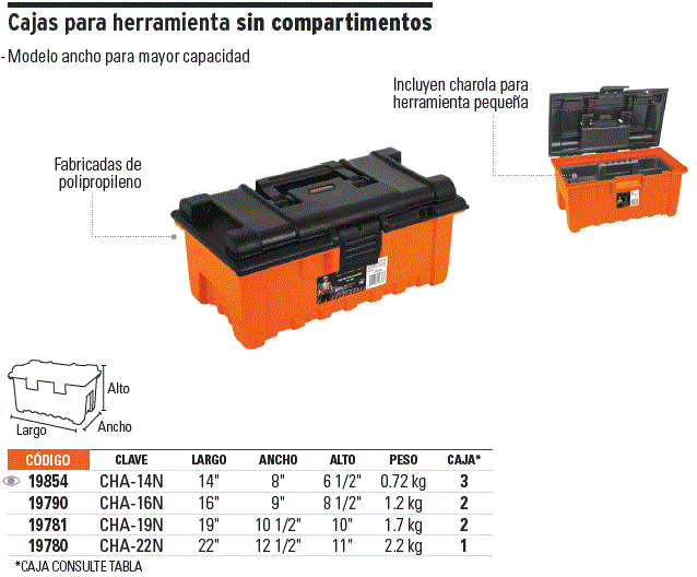 Caja para herramienta de 19' sin compartimentos, Truper / 19781