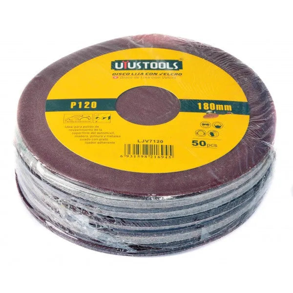 SET 50 UN DISCO LIJA CON VELCRO 7″ #120 UYUSTOOLS (VENTA UNITARIA)