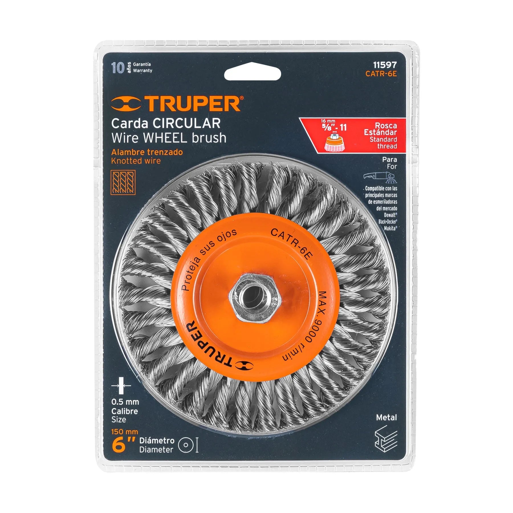Carda circular 6" alambre trenzado, eje 5/8"-11, Truper / 11597