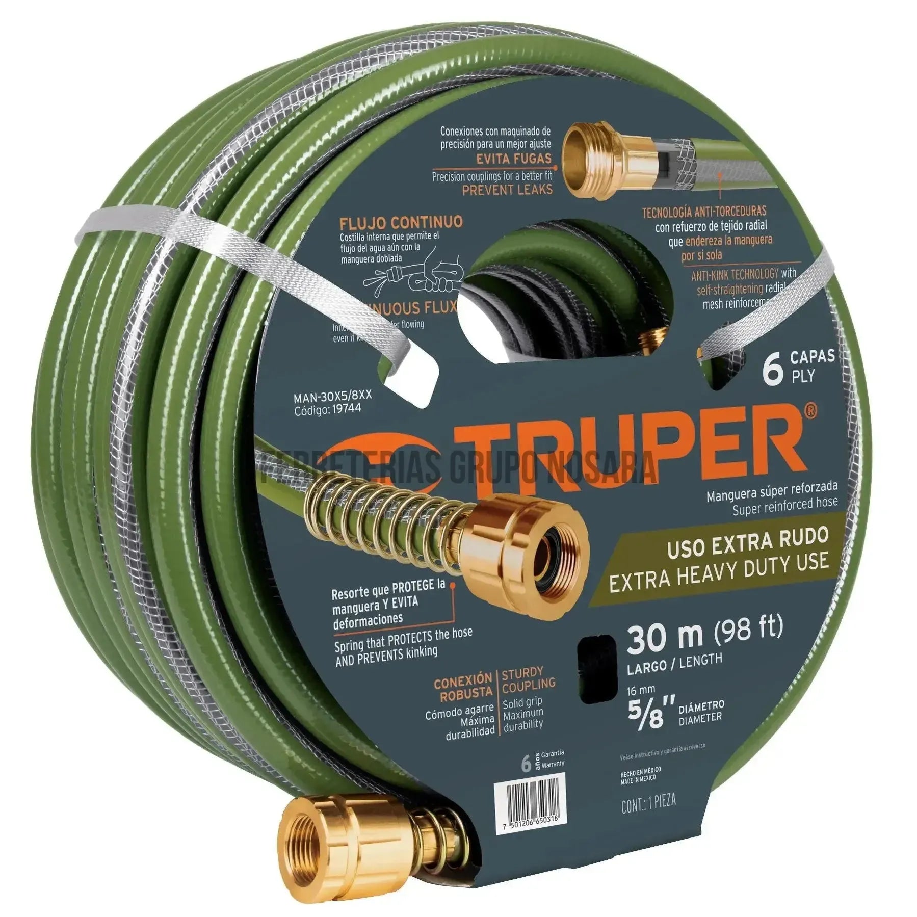 Manguera 5/8" anti-torceduras 6 capas 30m conexiones d/metal / 19744-