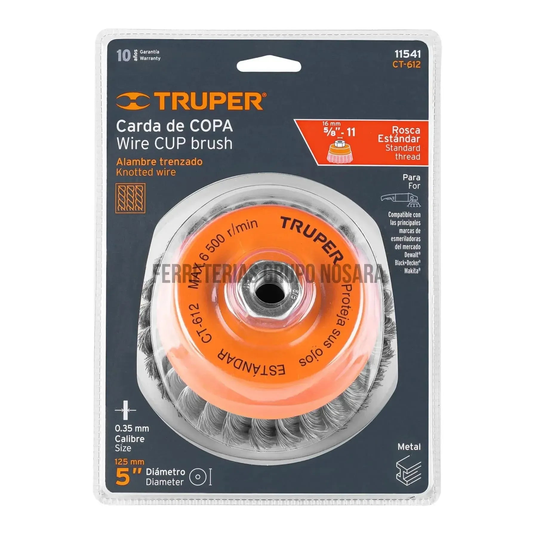 Carda copa 5" alambre trenzado fino, eje 5/8"-11 TRUPER / 11541-
