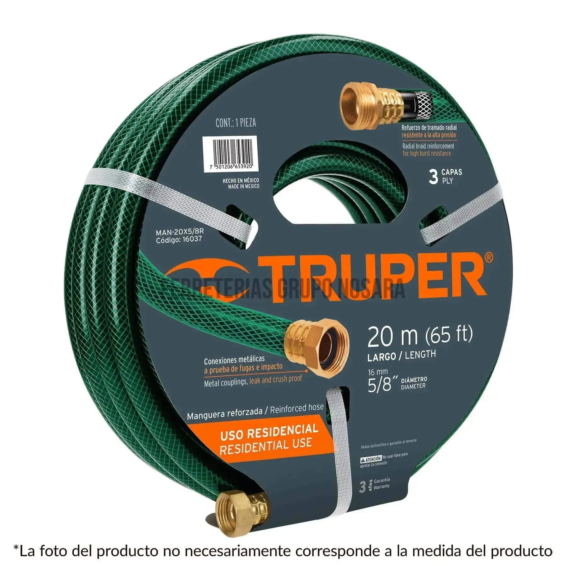 Manguera 1/2' reforzada 3 capas 20 m conexiones de metal / 16032-