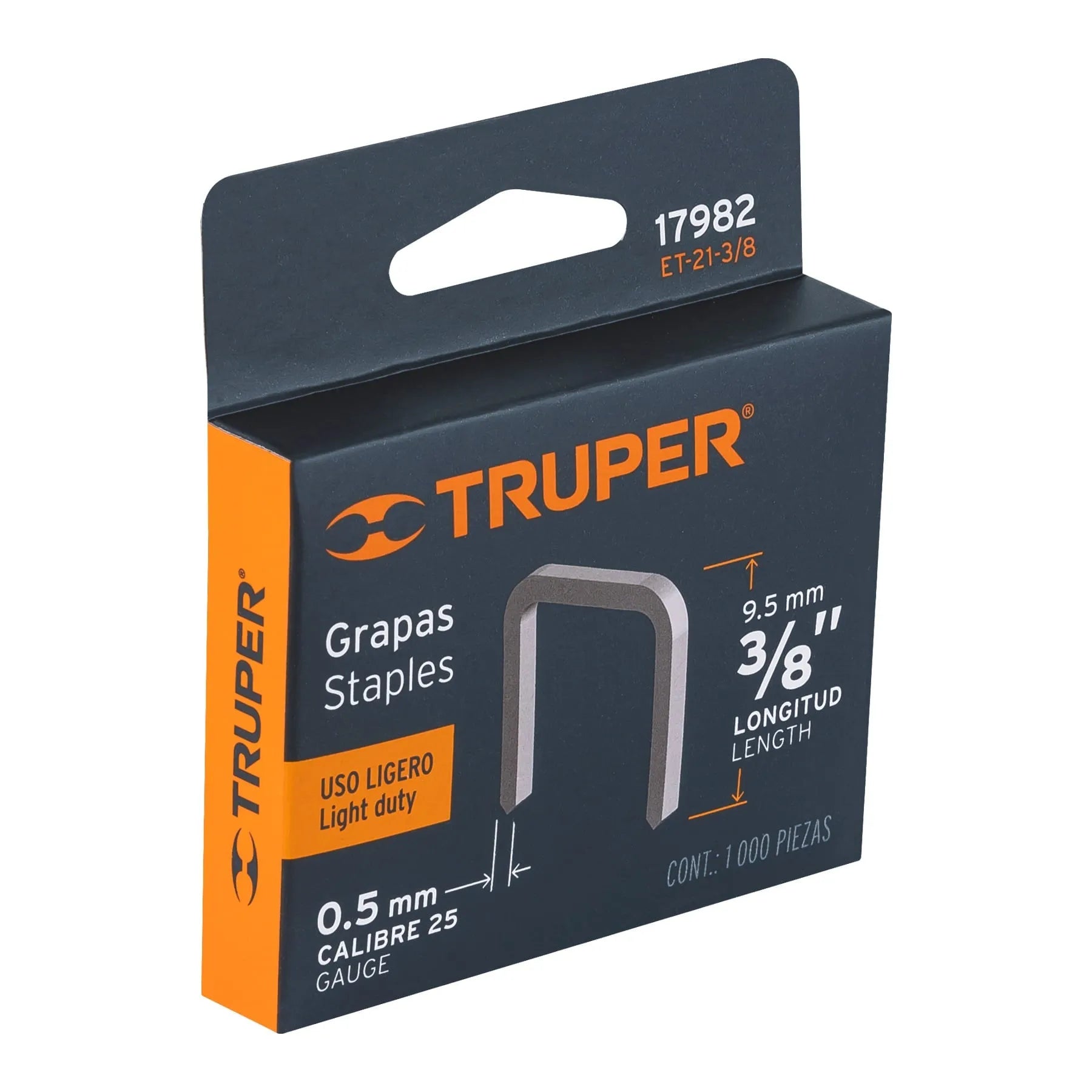 Caja con 1000 grapas 3/8"corona 11.3 mm para ET-21, Truper / 17982