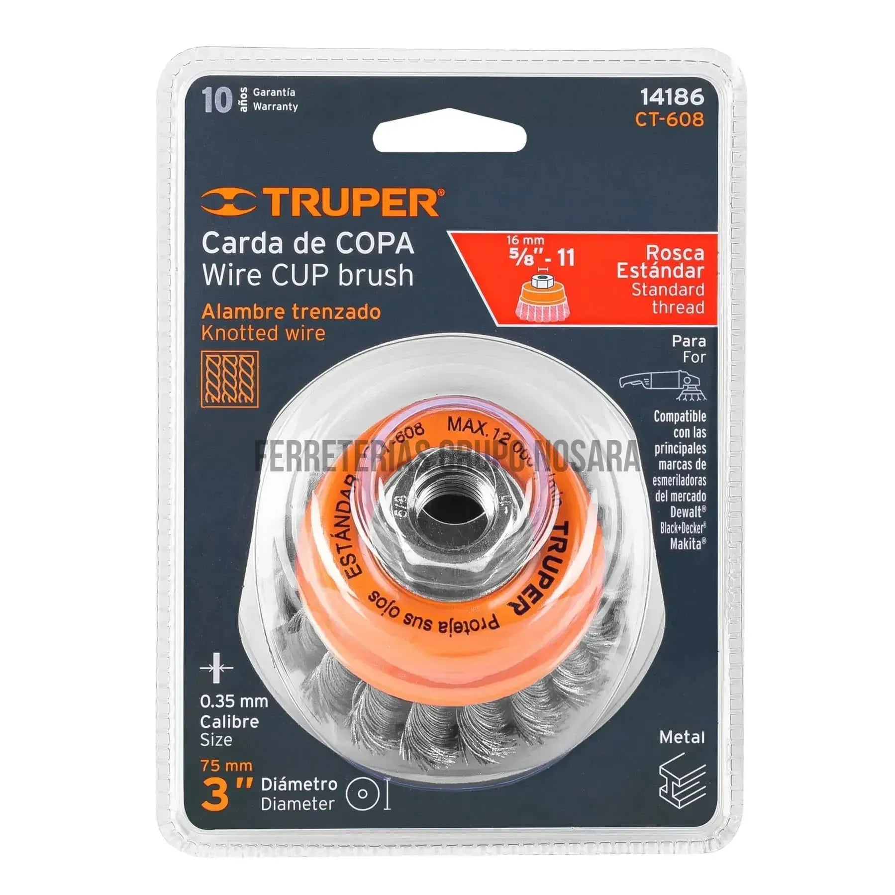 Carda copa 3" alambre trenzado fino, eje 5/8"-11 TRUPER 14186-