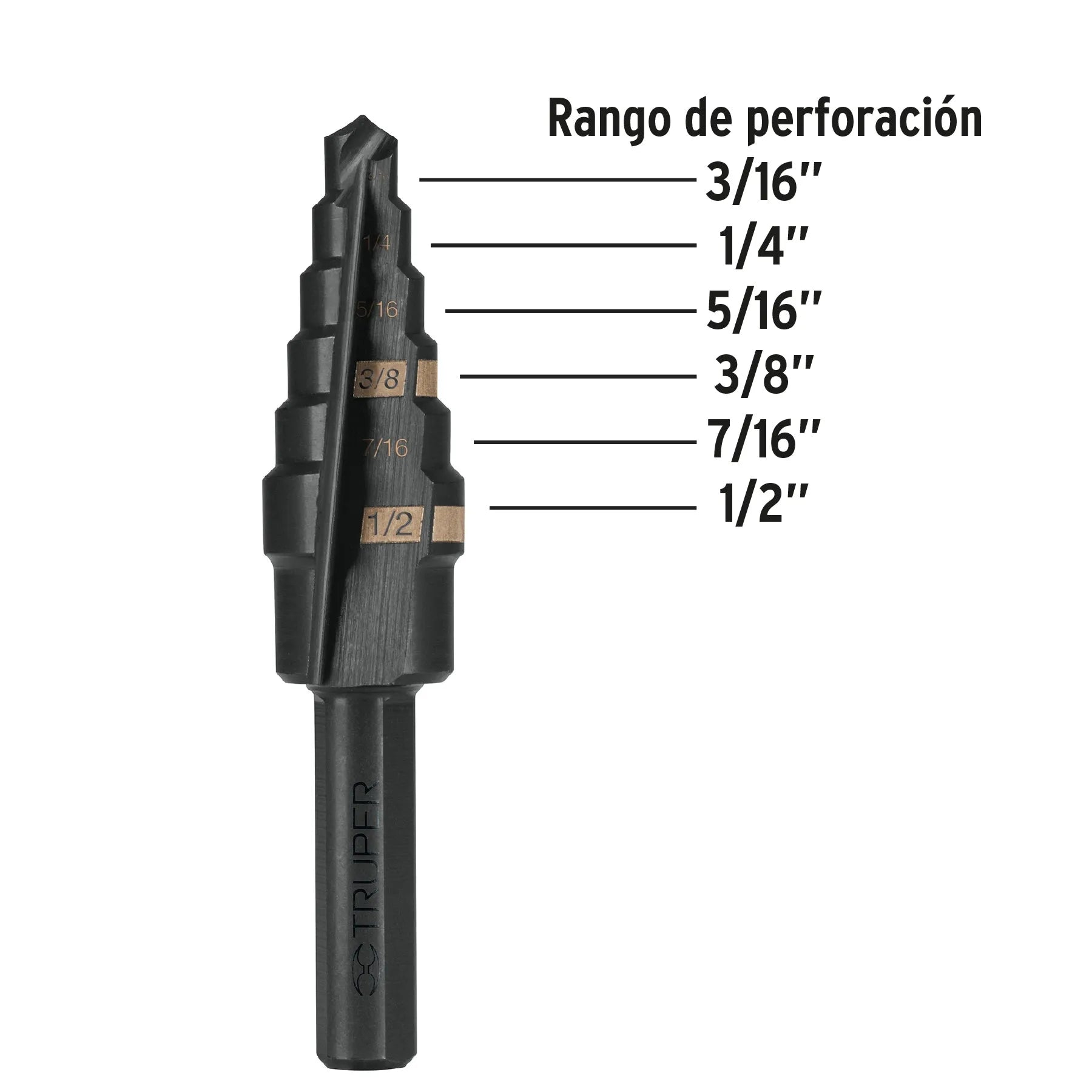 Broca escalonada óxido negro 6 escalones 3/16 a 1/2 TRUPER / 12120