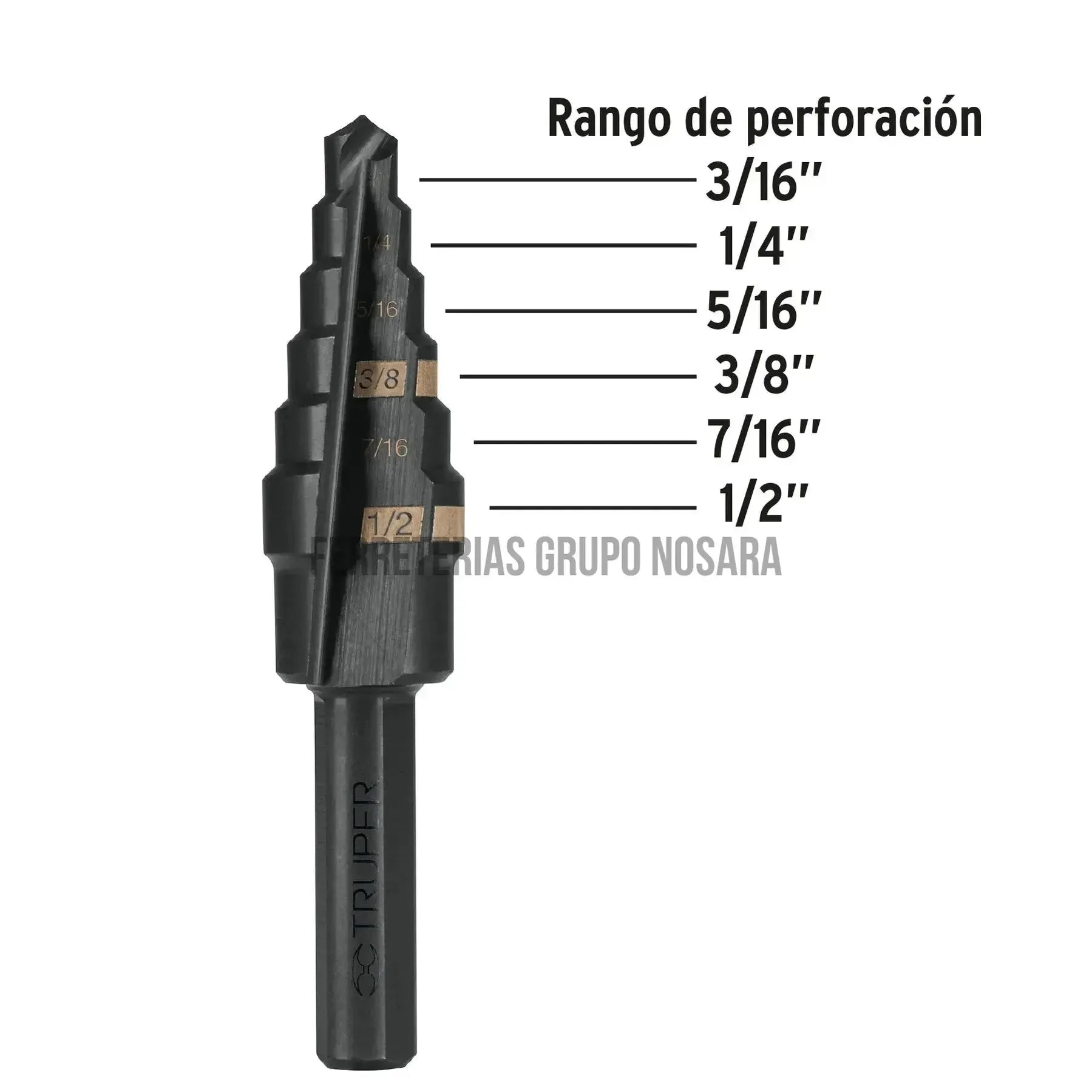 Broca escalonada óxido negro 6 escalones 3/16 a 1/2 TRUPER / 12120-