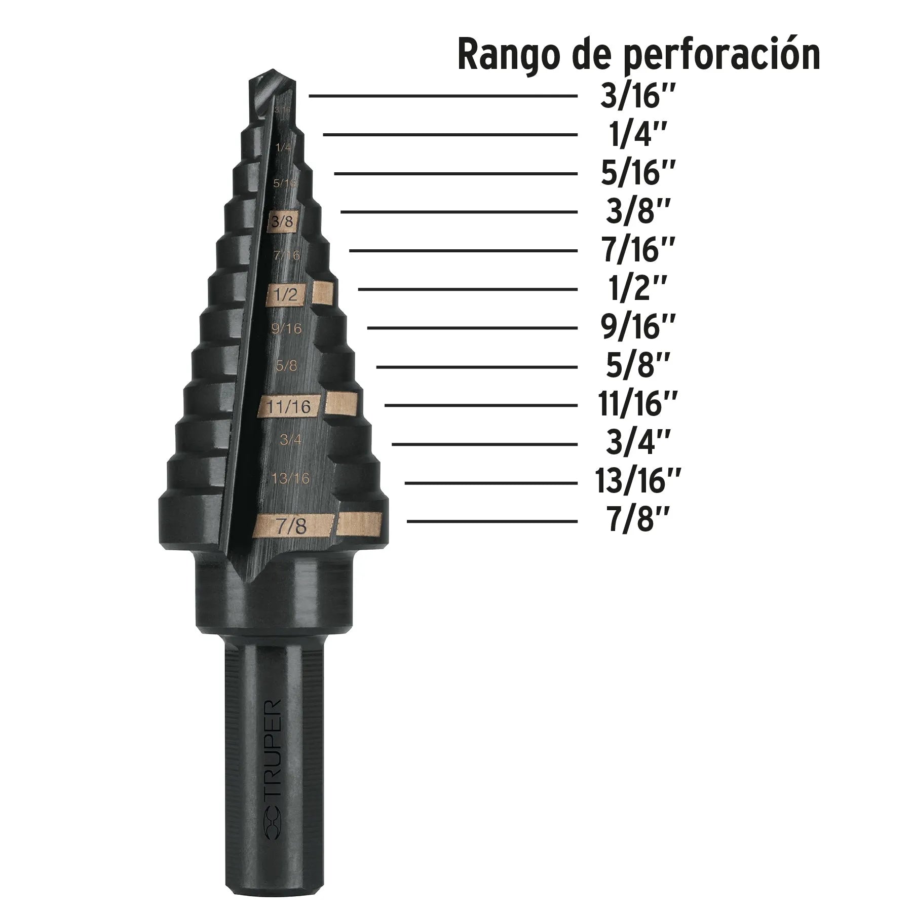 Broca escalonada óxido negro 12 escalones 3/16 a 7/8 TRUPER / 12125