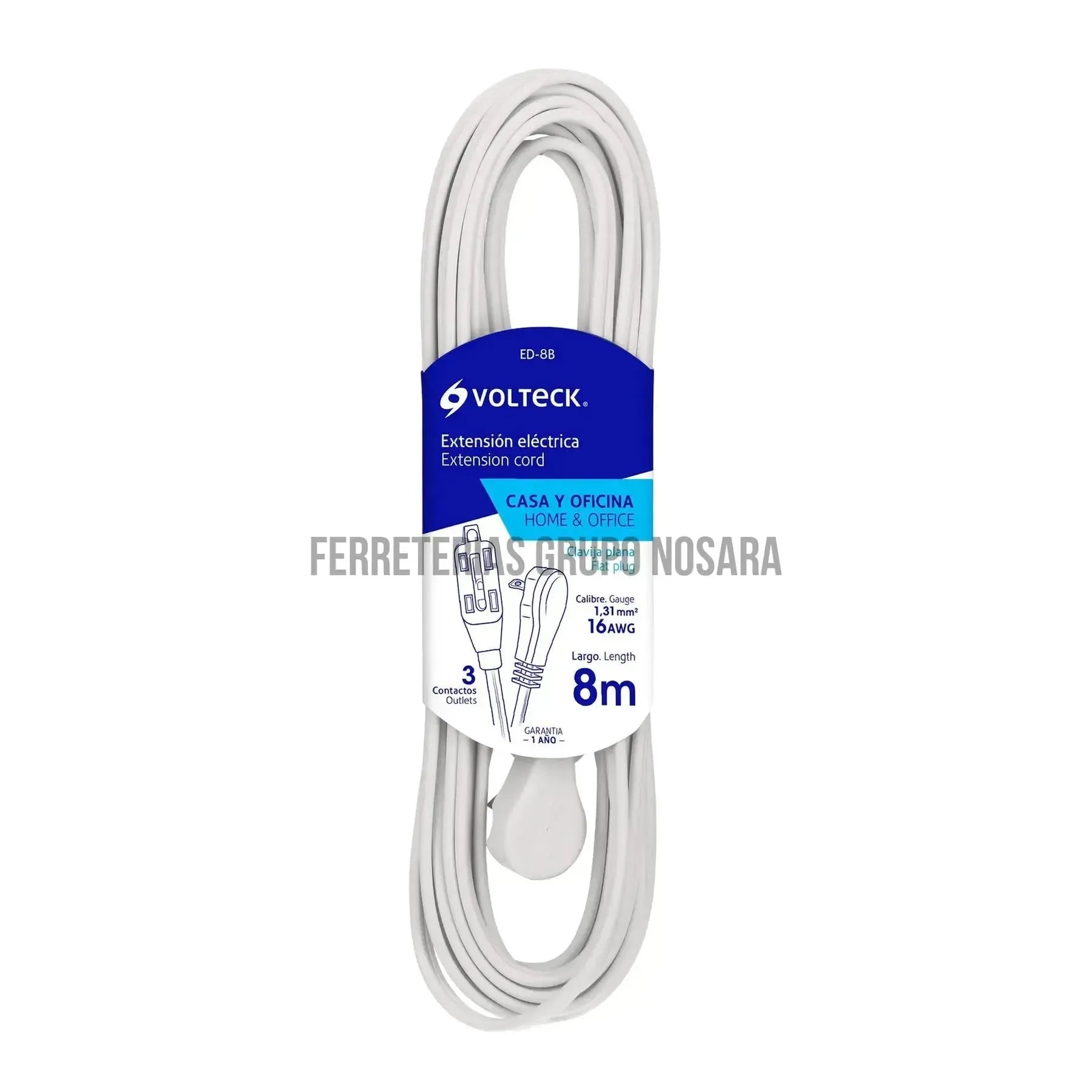 Extensión eléctrica doméstica 8 m blanca con clavija plana / 48030-