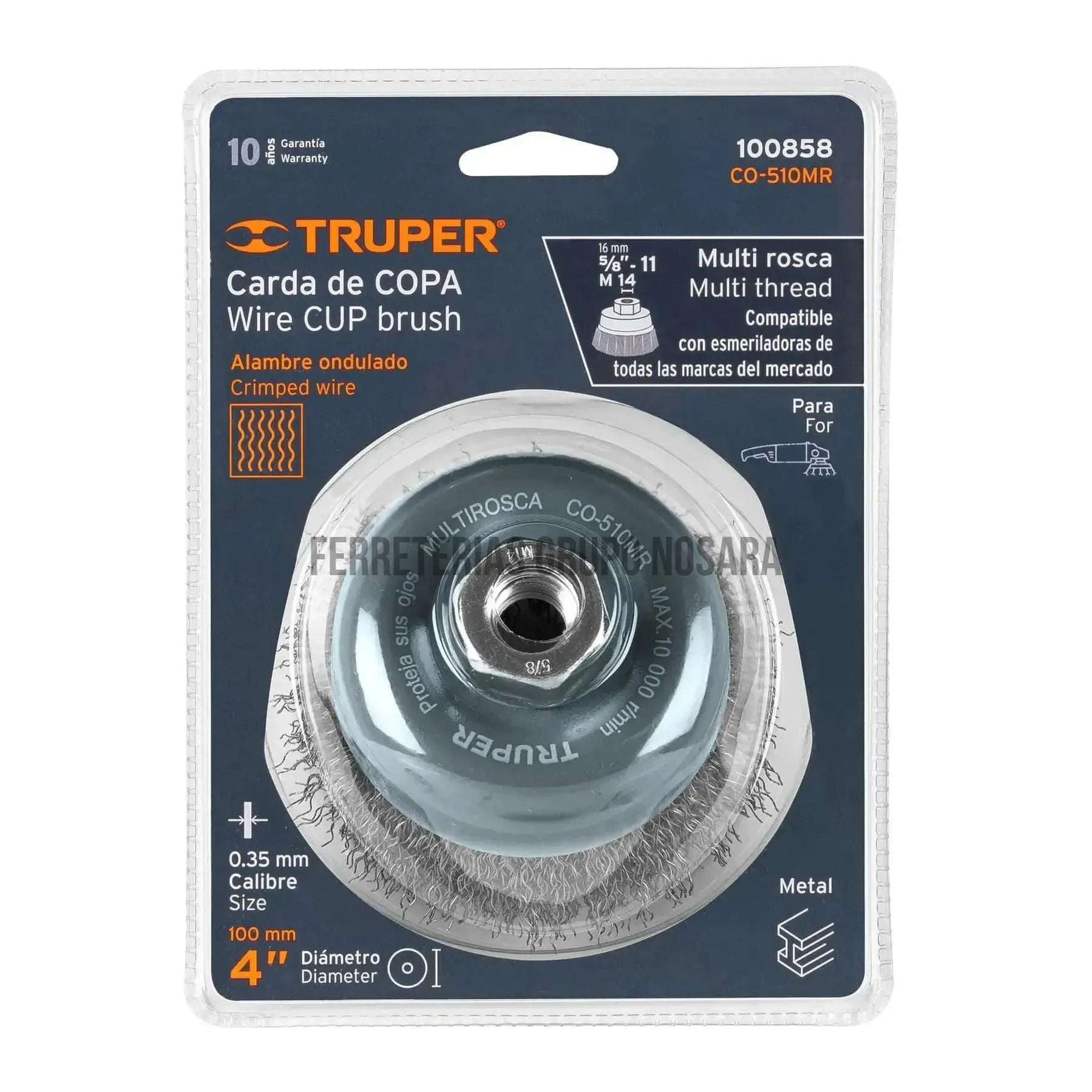 Carda copa 4" alambre ondulado fino, Multi-rosca TRUPER / 100858-