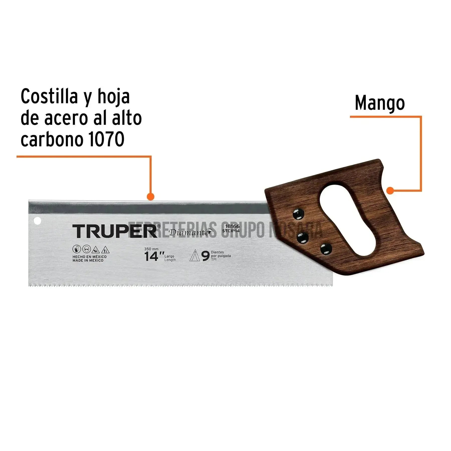 Serrucho de costilla 14' Diamante, 9 DPP, Truper / 18166-