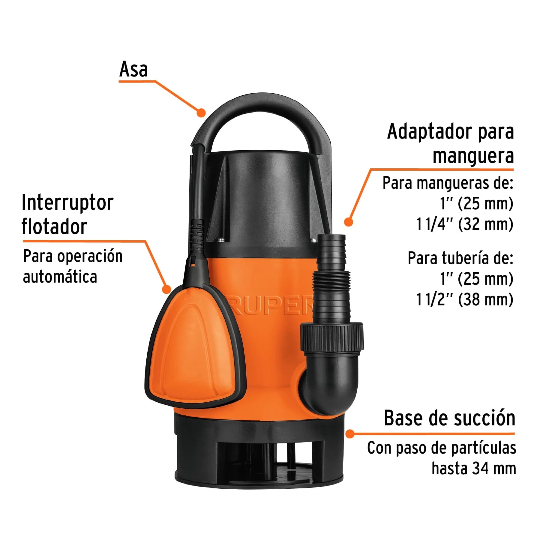 Bomba sumergible plástica para agua sucia 1 HP, Truper / 12603
