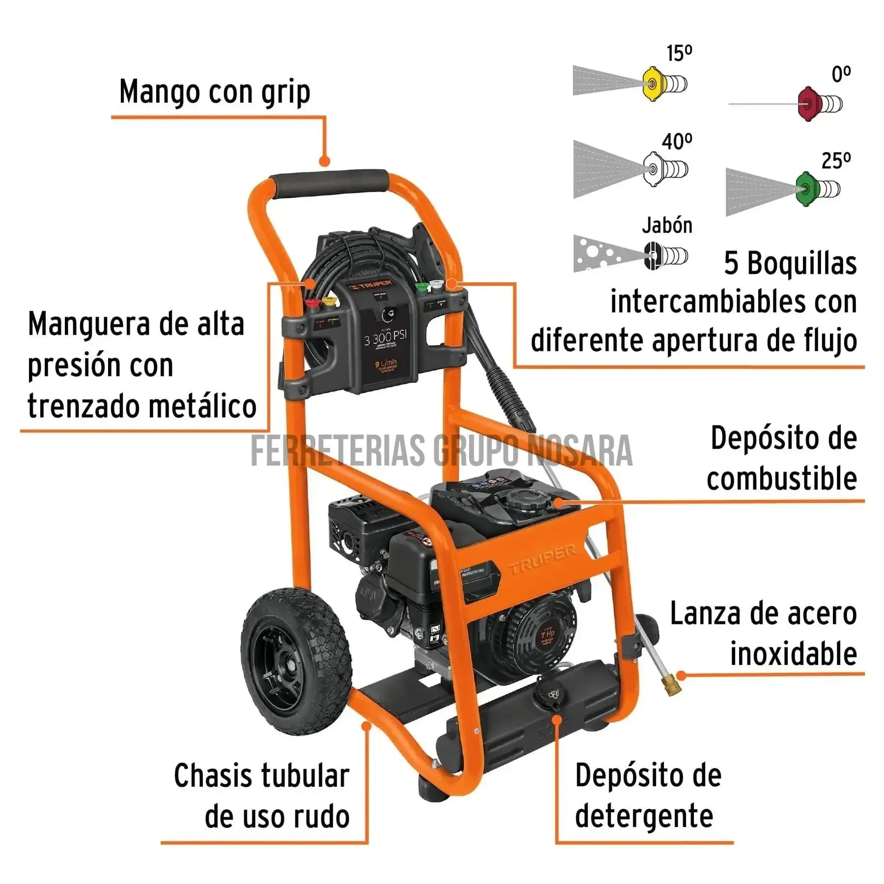 Hidrolavadora con motor a gasolina, 3,300 PSI, Truper 7HP / 12909-