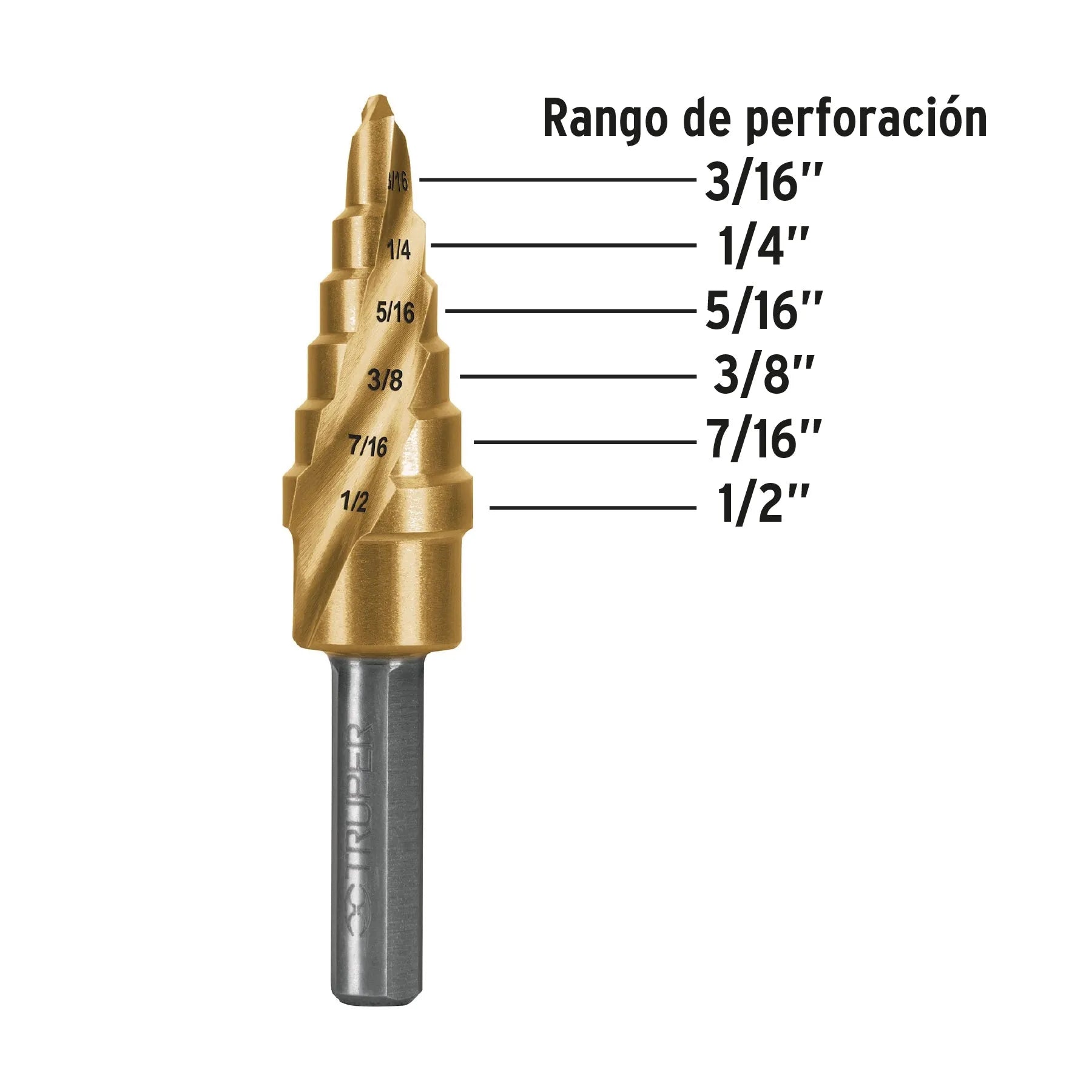 Broca escalonada titanio 6 escalones 3/16 a 1/2 TRUPER / 101550