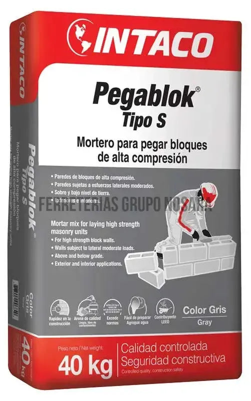 Mortero Pegablok Tipo S compresion alta saco 40 kg Intaco (gris)-200503-787002006840