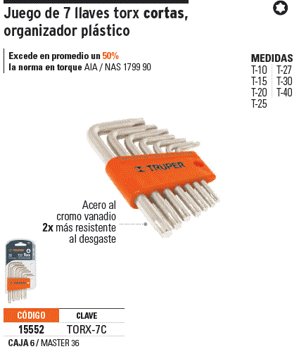 Juego de 7 llaves torx con organizador, Truper / 15552-