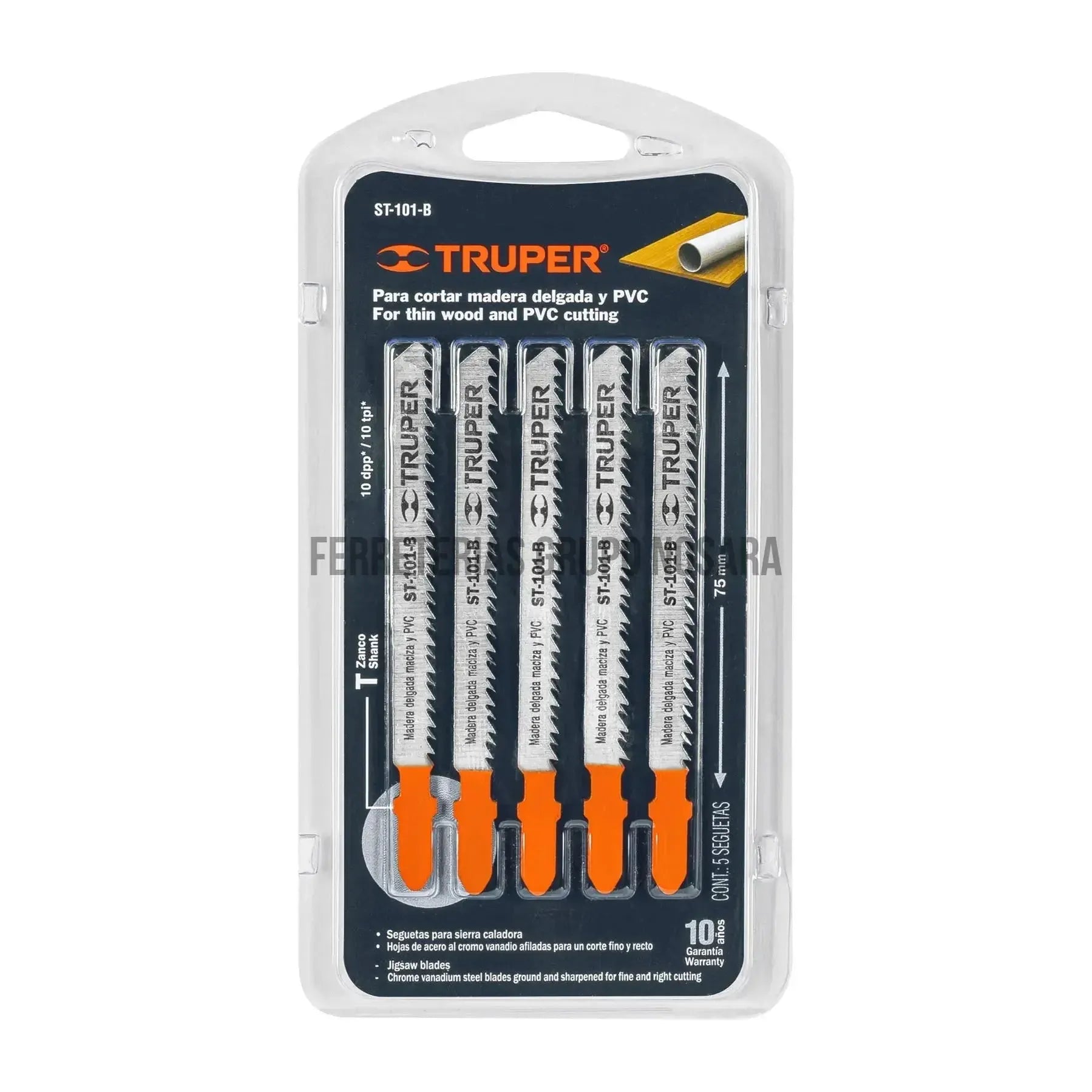 Blíster con 5 seguetas 10 DPP zanco "T" corte recto madera / 18124-