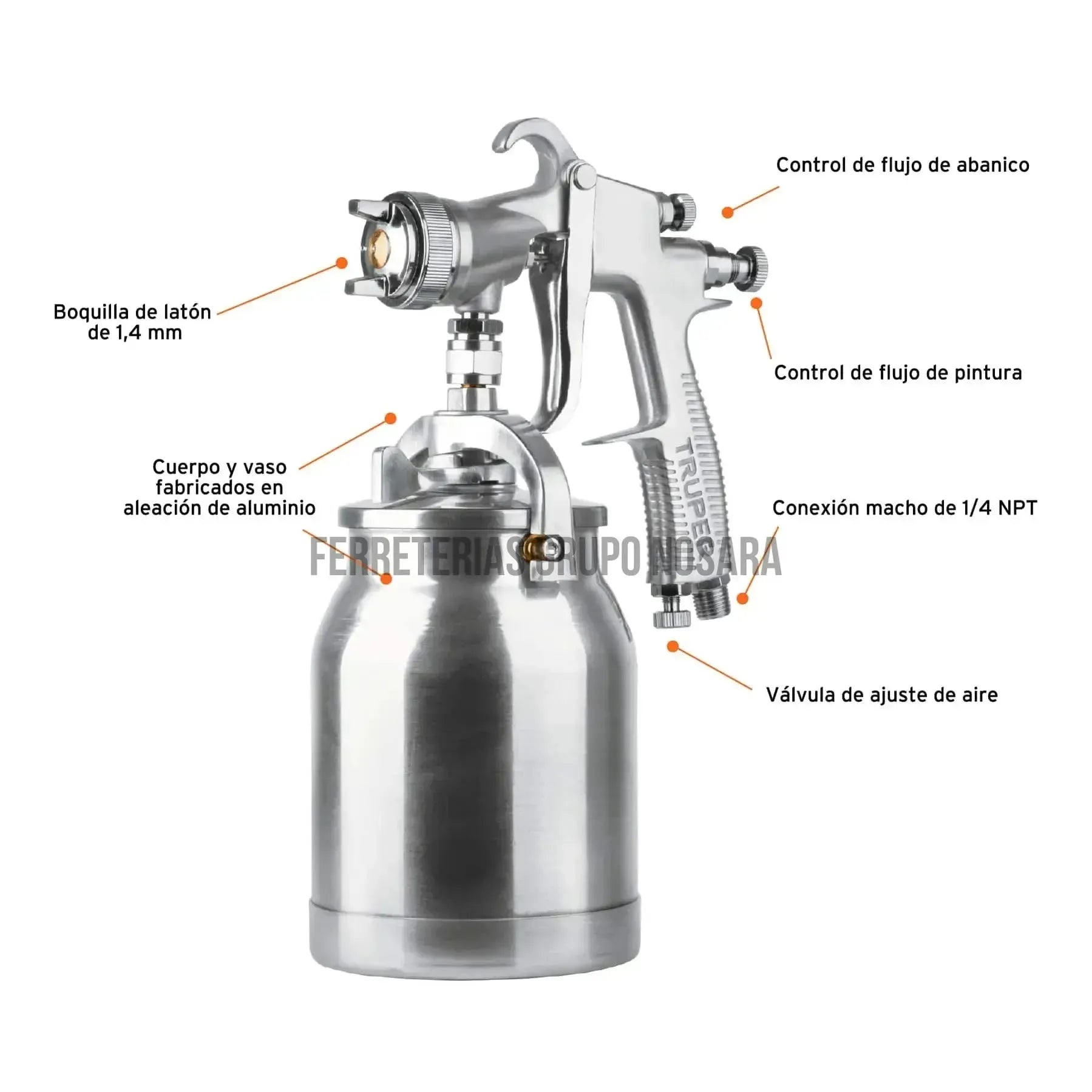 Pistola p/pintar succión HVLP vaso aluminio, 1.4 mm, Truper / 14084-