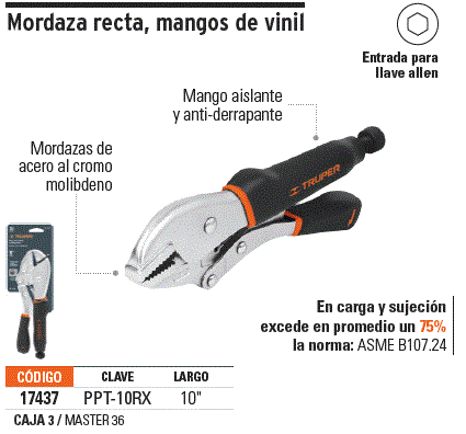 Pinza de presión 10' mordaza recta mango de vinil, Truper / 17437-