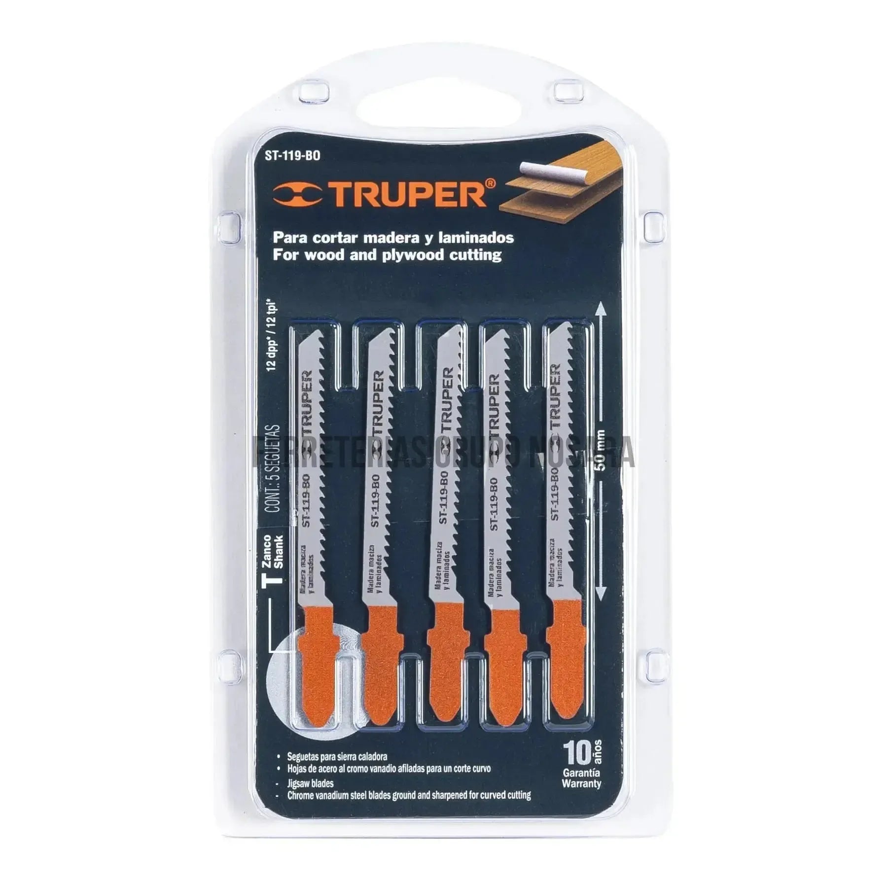 Blíster con 5 seguetas 12 DPP zanco "T" corte curvo madera / 18131-