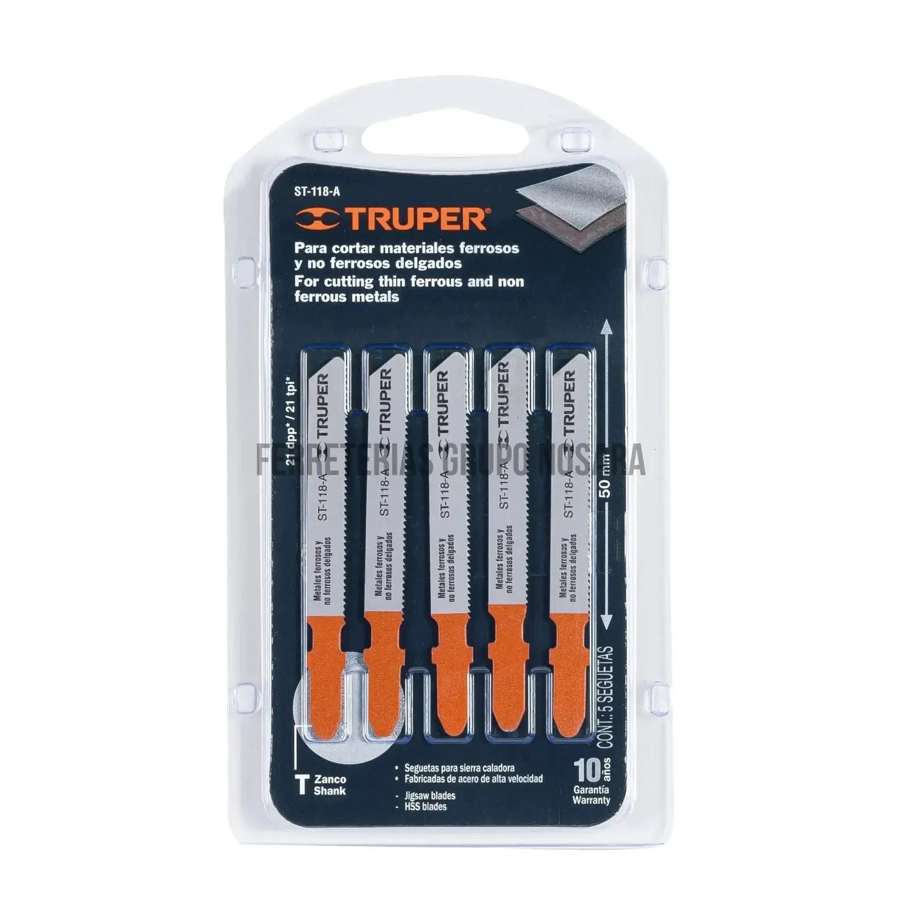 Blíster con 5 seguetas 21 DPP zanco "T" corte recto metal / 18128-