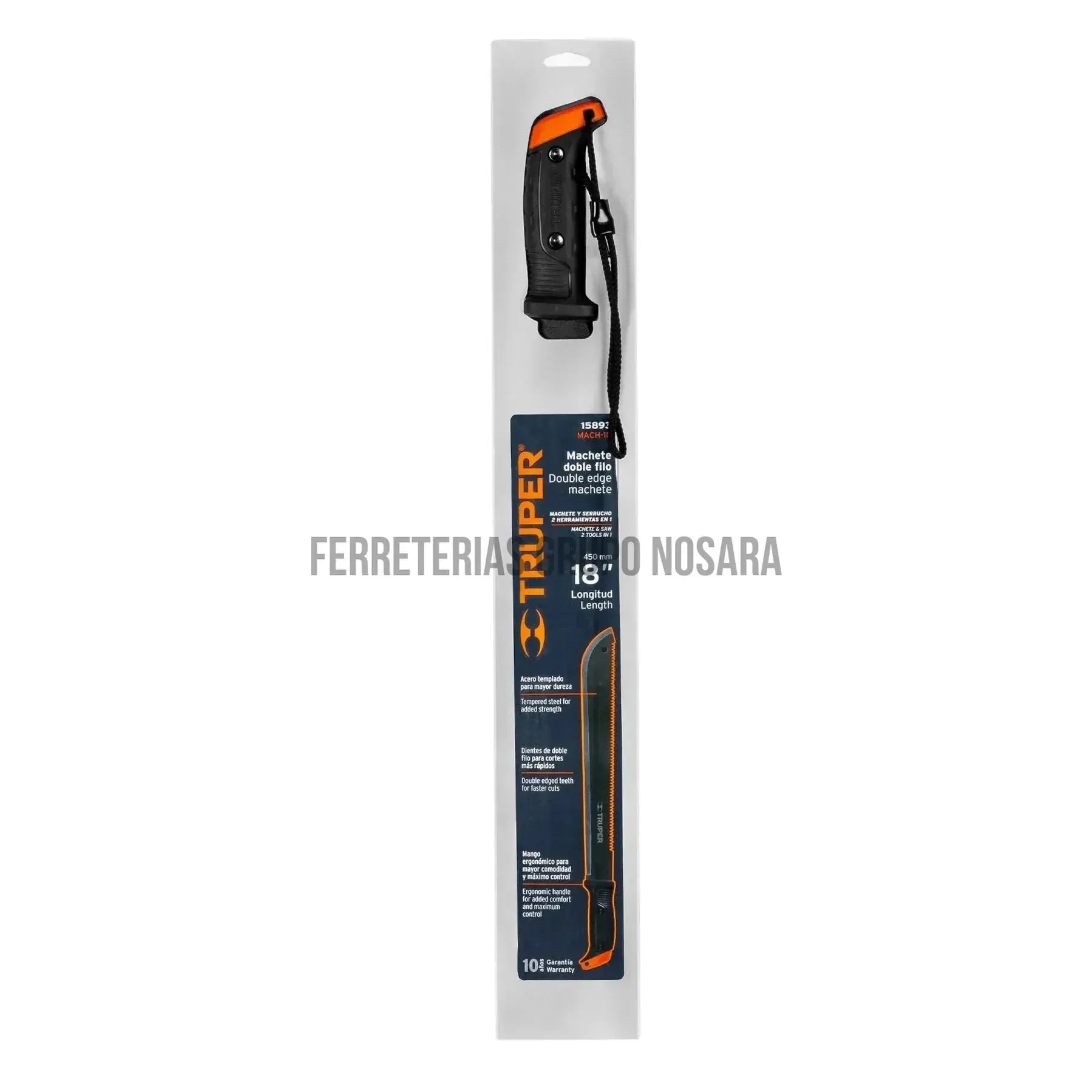 Machete doble filo 18", con correa, funda de cartón, Truper / 15893-