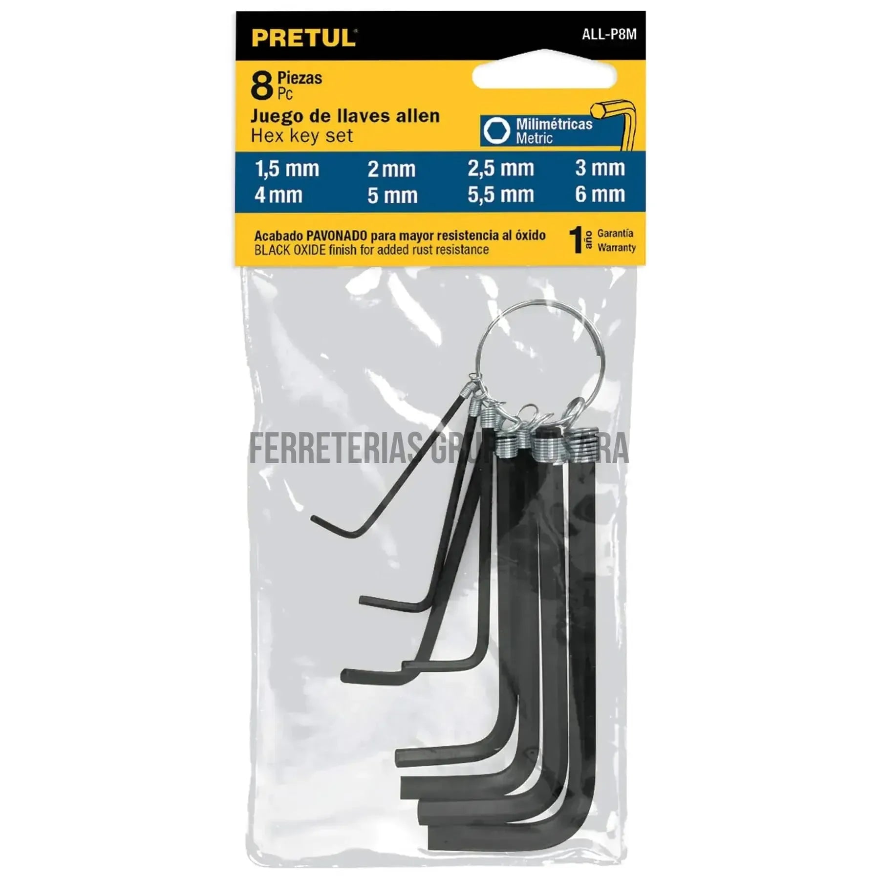 Juego de 8 llaves allen mm punta hex tipo llavero, Pretul / 21851-