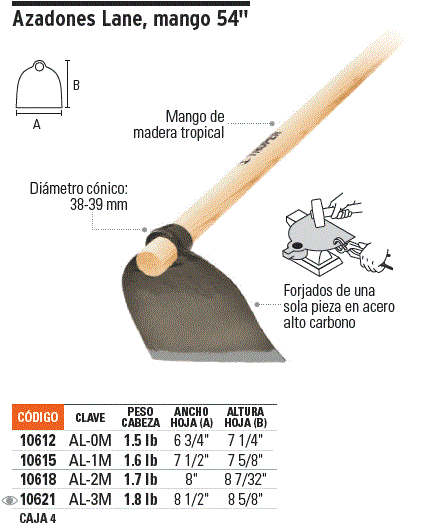 Azadón Lane No.0 de 1.6 lb con mango de 54', Truper / 10612-