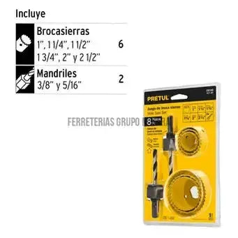 Juego de 7 brocasierras acero al carbono y 1 mandril, Pretul-