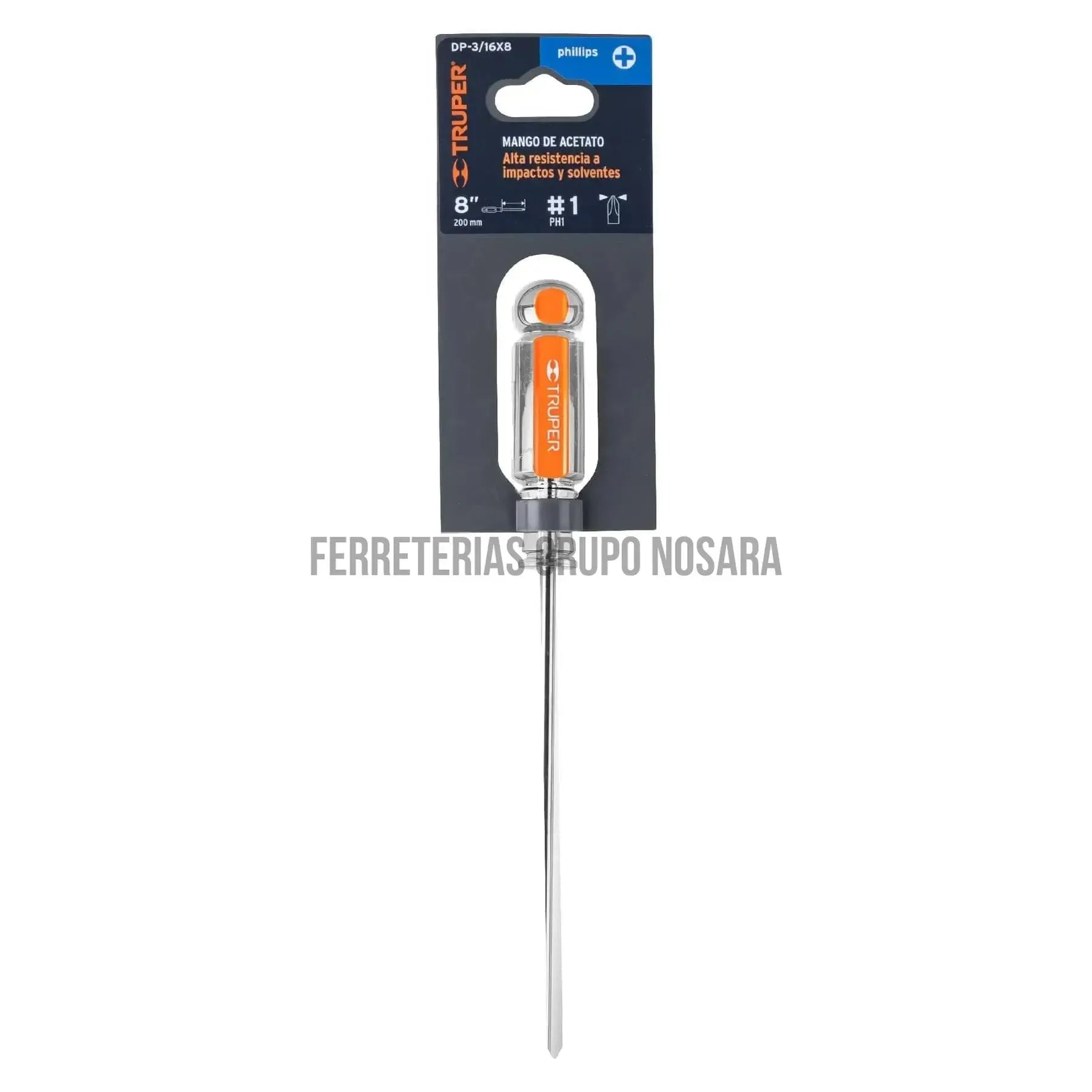 Desarmador de cruz 3/16" x 8" mango de acetato, Truper / 14068-
