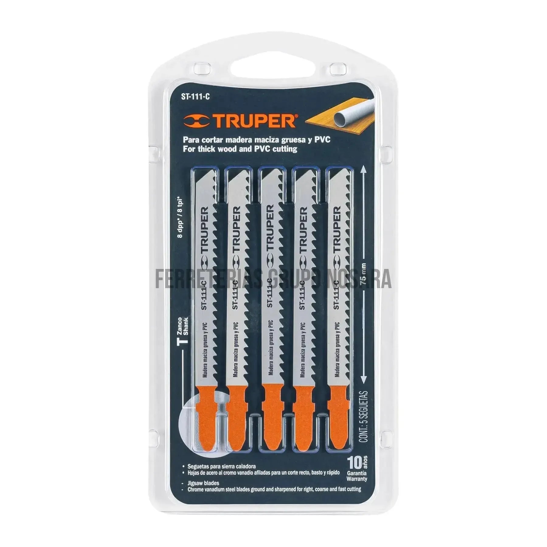Blíster con 5 seguetas 8 DPP zanco "T" corte recto madera / 18127-