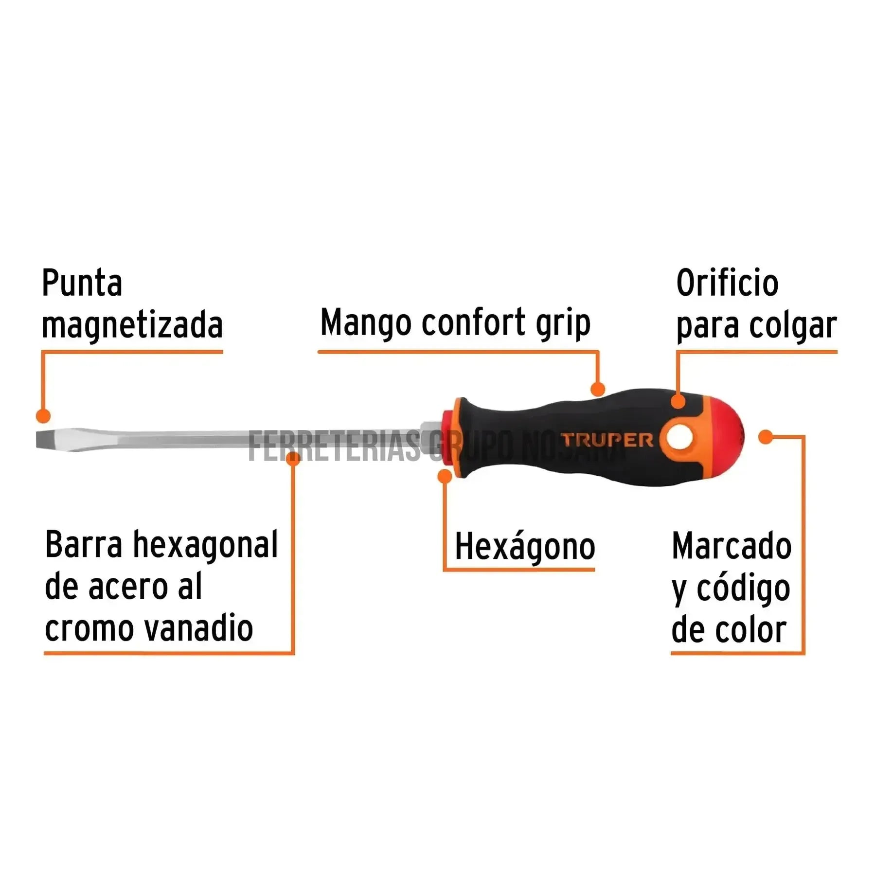 Desarmador plano 1/4" x 6" mango Comfort Grip, Truper / 14000-