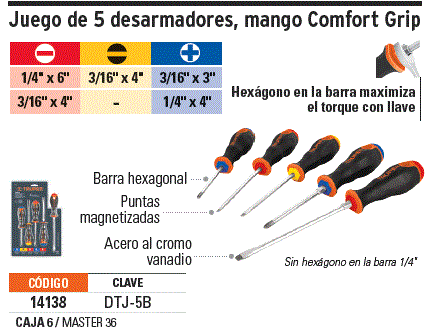 Juego de 5 desarmadores mango Comfort Grip, Truper / 14138-