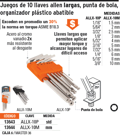 Juego 10 llaves allen largas std punta bola con organizador / 13643-