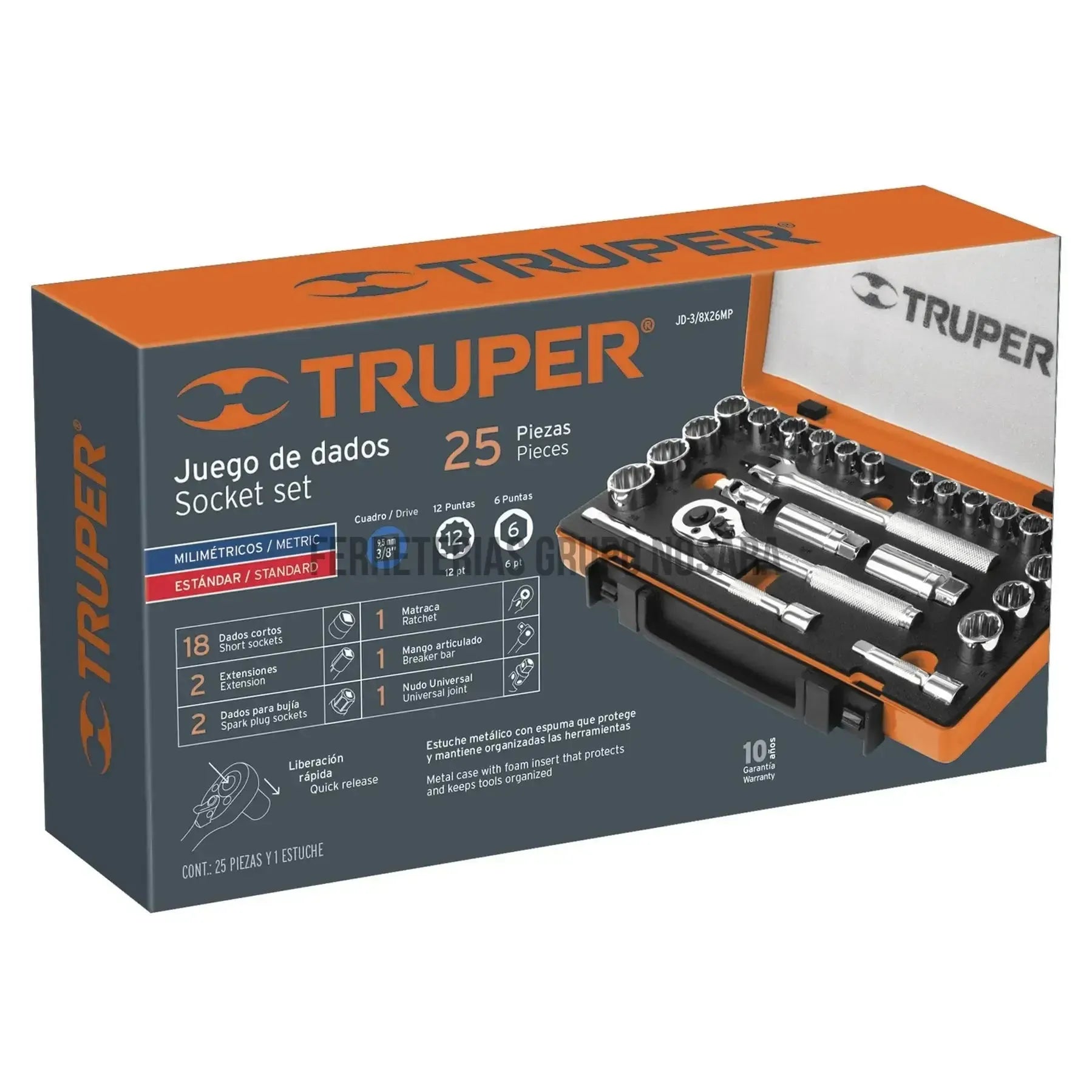 Juego de 25 herramientas cuadro 3/8' std y mm para mecánico / 13954-