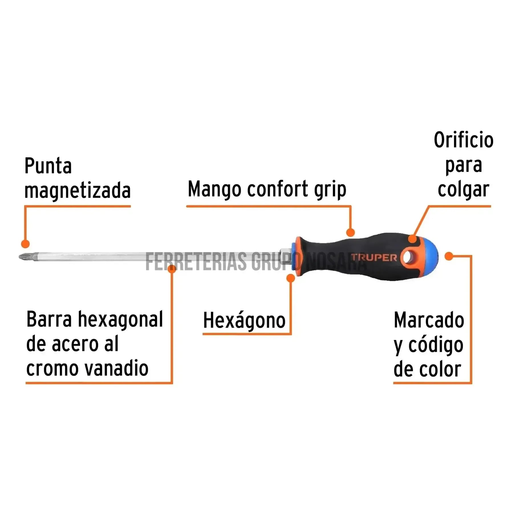 Desarmador de cruz 1/4" x 8" mango Comfort Grip, Truper / 14082-