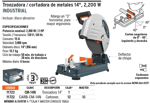 Cortadora de metales 14' 2200 W industrial, mango en 'D' / 11723-