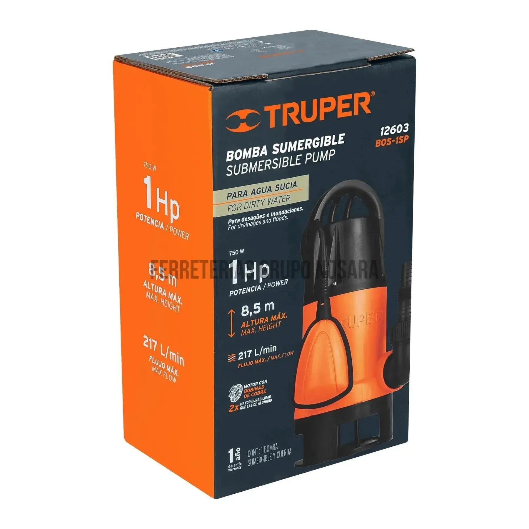 Bomba sumergible plástica para agua sucia 1 HP, Truper / 12603-