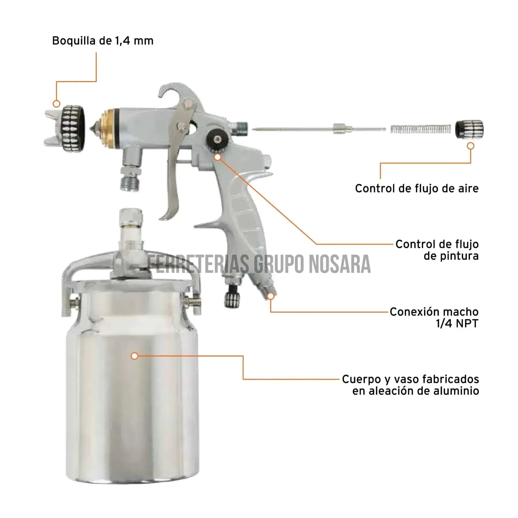 Pistola p/pintar succión HVLP vaso aluminio, 1.4 mm, Expert / 14030-