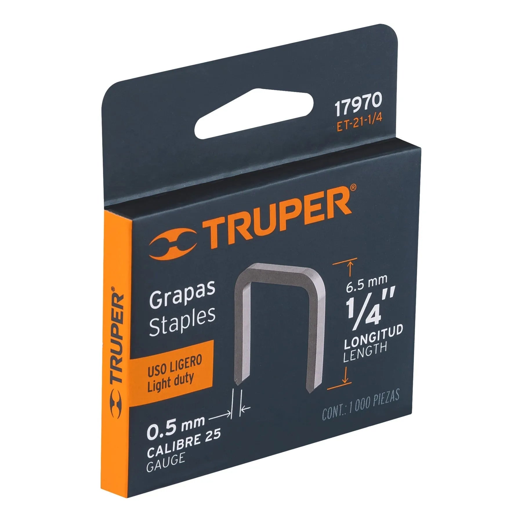 Caja con 1000 grapas 1/4" corona 11.3 mm para ET-21, Truper / 17970
