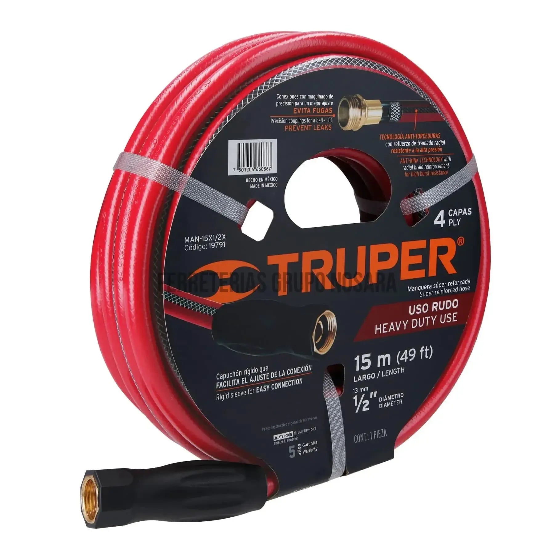 Manguera 4 capas para uso rudo 1/2" 15 metros Truper MAN-15X1/2X-011841-7501206660867