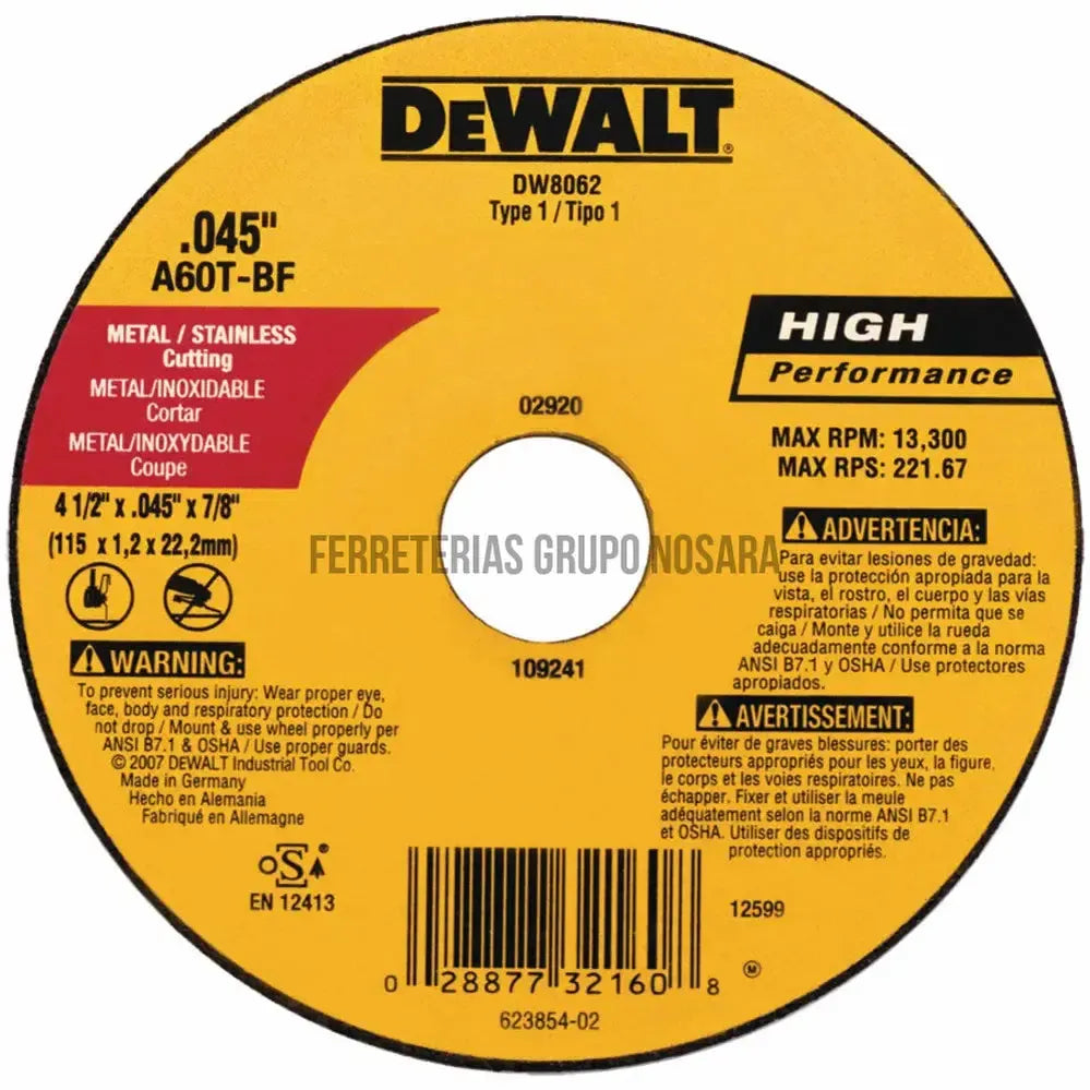 DISCO CORTE METAL 4-1/2″ X 1/16 PLANO (FINO ) DW8062Z DEWALT-012038-028877321608
