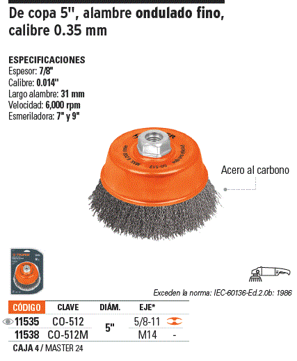 Carda copa 5" alambre ondulado fino, eje 5/8"-11, Truper / 11535-