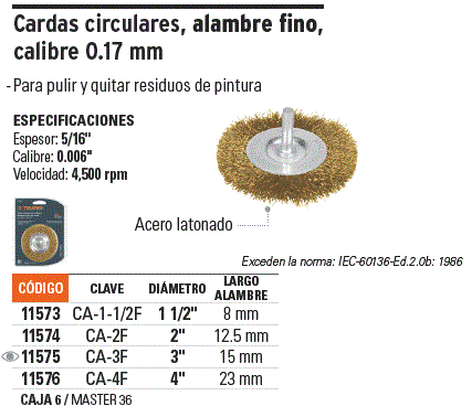 Carda circular 1-1/2" alambre fino para taladro, Truper / 11573-