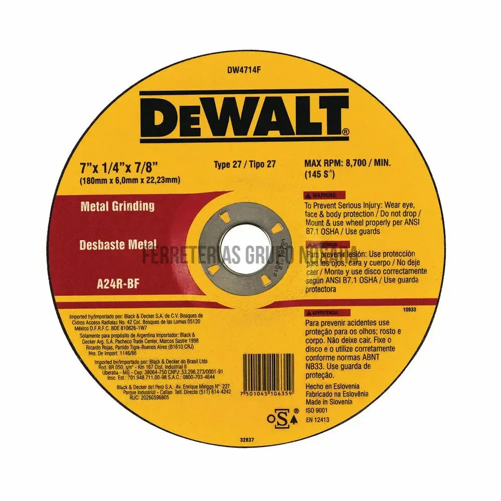 Disco abrasivo para desbaste de metal 7" x 6.35 mm conico Dewalt DW4714F-014333-7501045106359