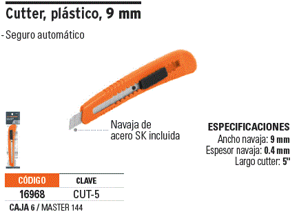 Cutter 9 mm reforzado de plástico con alma metálica, Truper 16968-