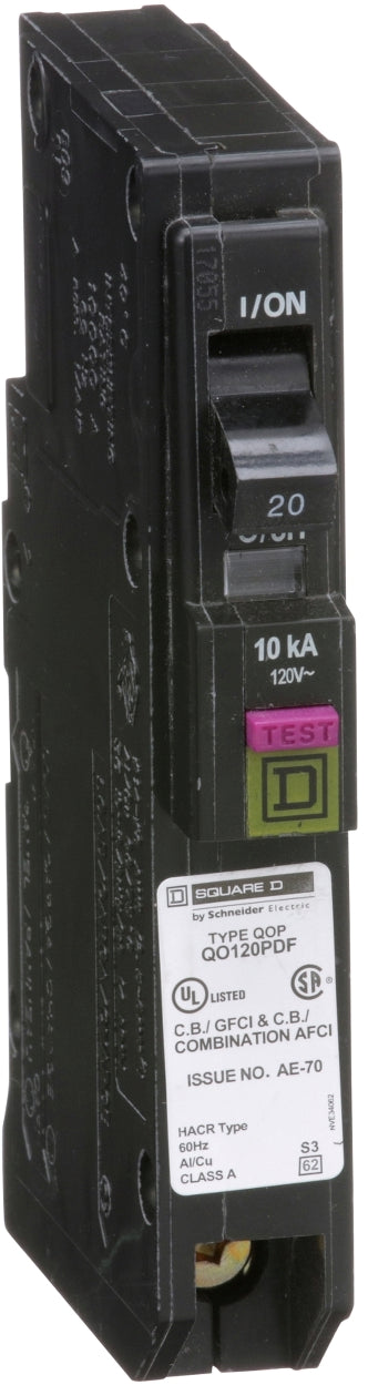 Breaker de funcion dual 1 polo 20A 120/240V UL con falla de arco y falla a tierra Square / D QO120PDF sust. QO120DF)