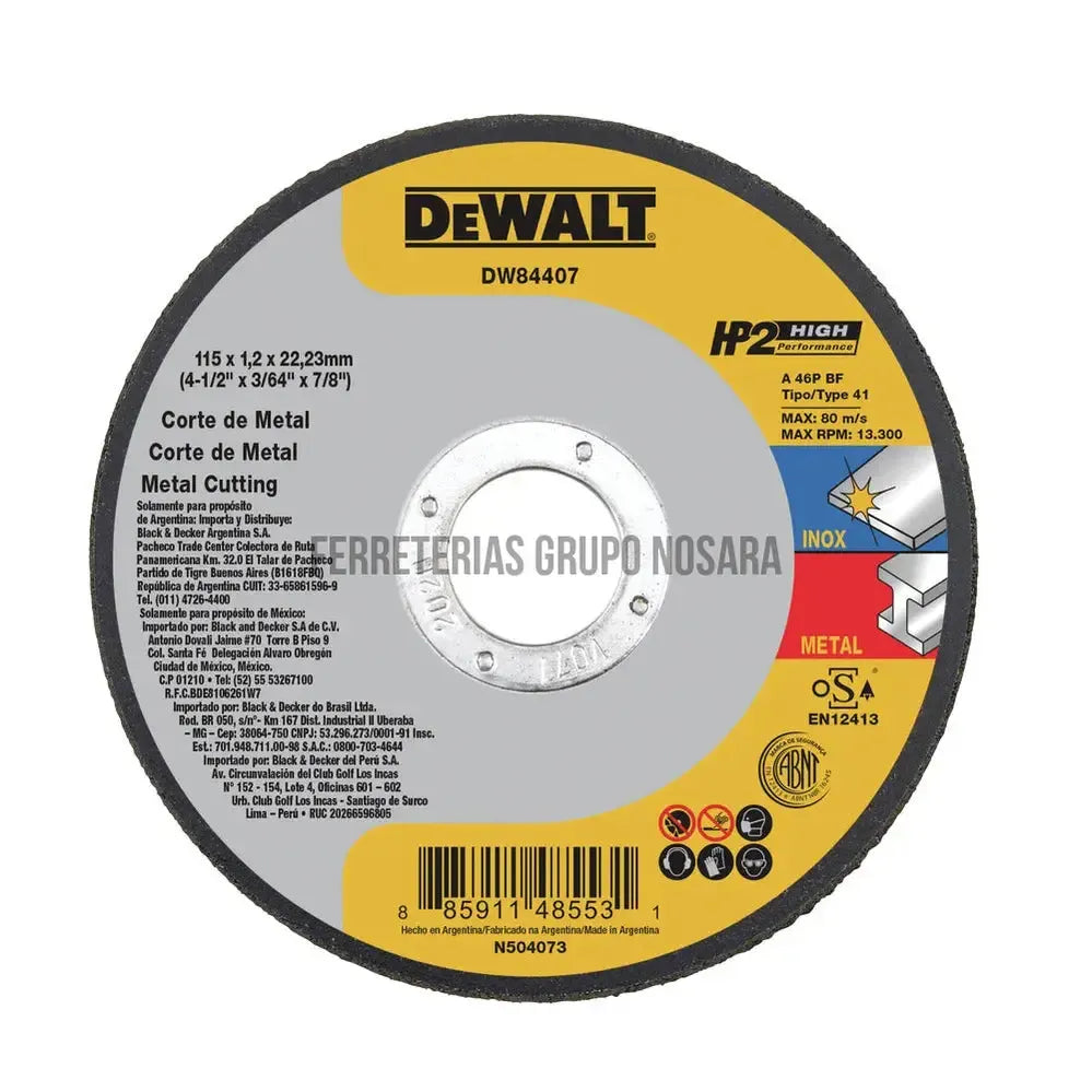 DISCO CORTE ABRASIVO METAL 4-1/2" X 1.2 MM (7/16) PLANO HP2 DEWALT DW84407-018979-885911485531
